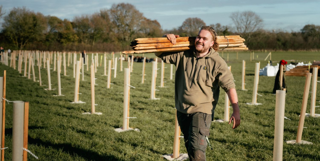 A man walking through a field of freshly planted trees, carrying a pile of stakes on his shoulder