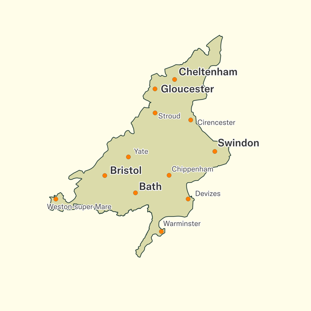 A map showing the region of the Western Forest with Cheltenham at the top, reaching down to Weston Super Mare in the South West and Warminster and Devizes in the South East of the map