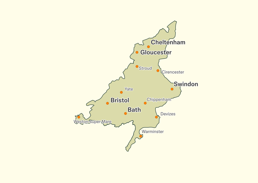 A map showing the region of the Western Forest with Cheltenham at the top, reaching down to Weston Super Mare in the South West and Warminster and Devizes in the South East of the map